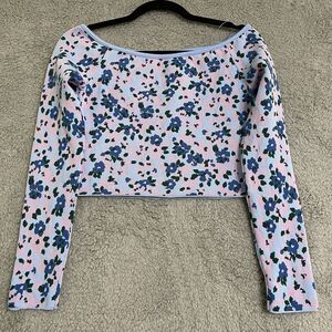 Zara Blue Floral Jacquard Knit Off The Shoulder Cropped Top Size Medium EUC